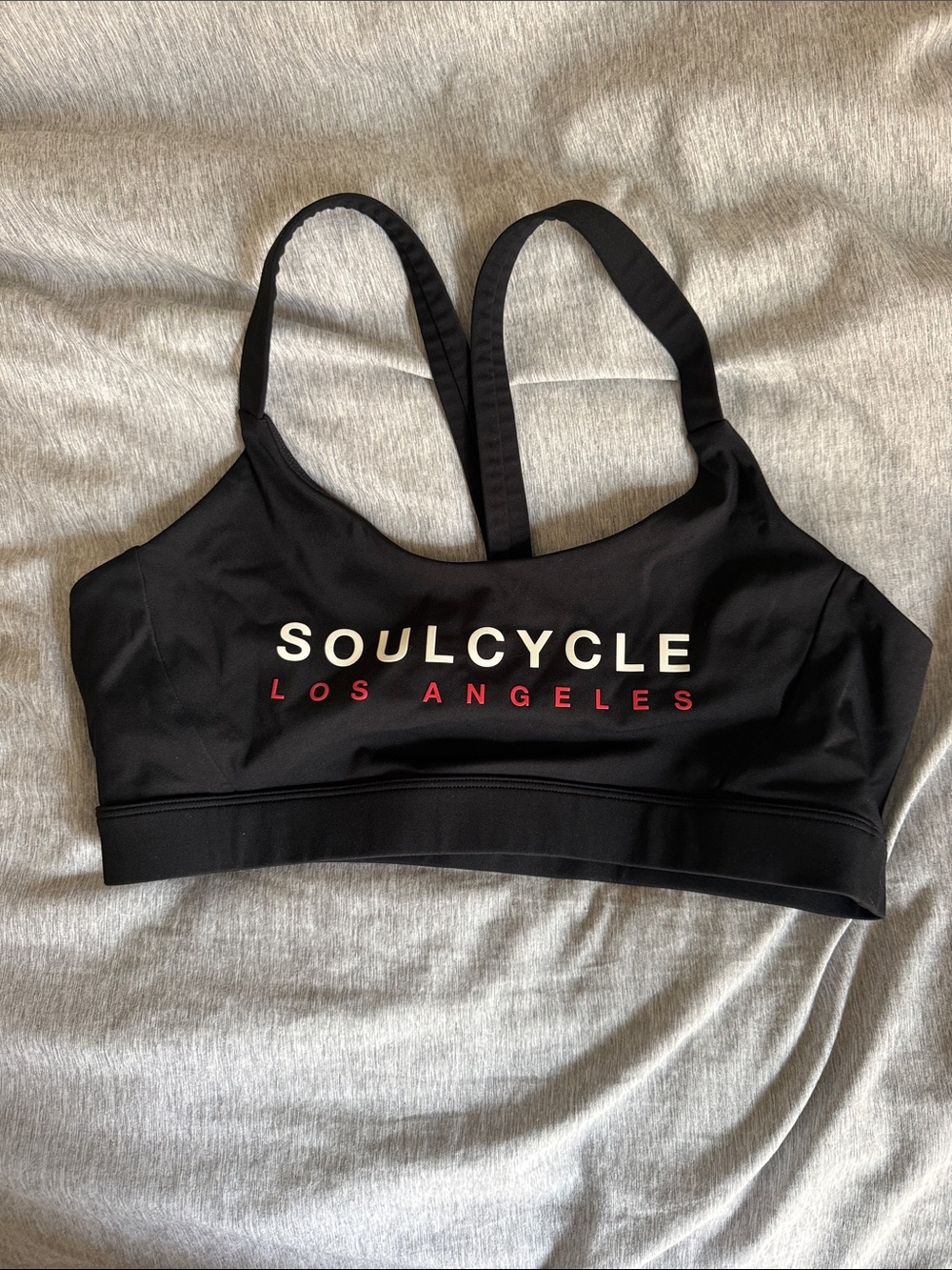soulcycle Black Sports Bra with White and Red Logo